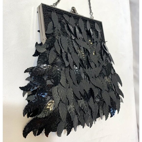 Vintage DRAP Barcelona Beaded Flapper Crossbody Purse Kiss Lock Leaf Sequins EUC - Picture 2 of 13